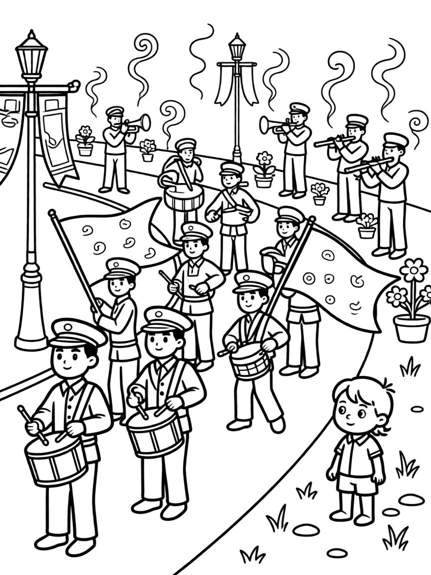 A parade with drummers and flag bearers in a lively parade winding through a decorated street, while a shy toddler taking it all in looks on nearby, musicians playing lively instruments and incense curling into the air completing the scene.