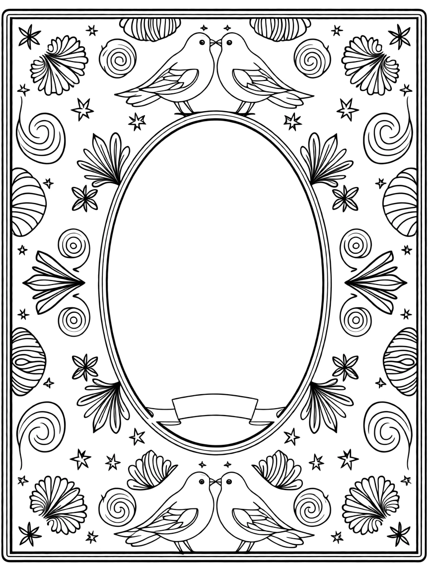 Birds: The page centers on a repeating motif of a pair of lovebirds perched beak to beak, built around an oval medallion mandala framed by a double border. The motif is lined up along the top and bottom edges, mirrored by a matching row along the left and right sides. Decorative details fill the surrounding space, including tightly coiled spiral shells, fan-shaped feather clusters, and tiny pinwheel stars woven throughout the background. A playful extra touch completes the page: a little blank banner tucked into the design, ready for a name to be added.