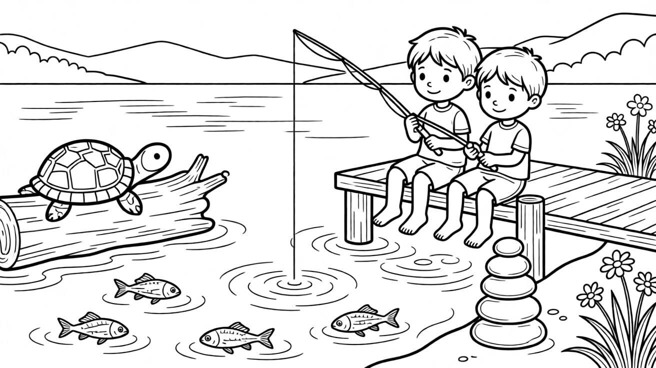 [Lakeside] Two children fish from a small wooden dock, their toes dangling just above the water. Turtles bask on a half-submerged log while minnows dart through the shallows. Smooth stones are stacked in a little tower near the water's edge, beside a patch of wildflowers. The lake glows pink and gold as the sun rises slowly over the distant hills.