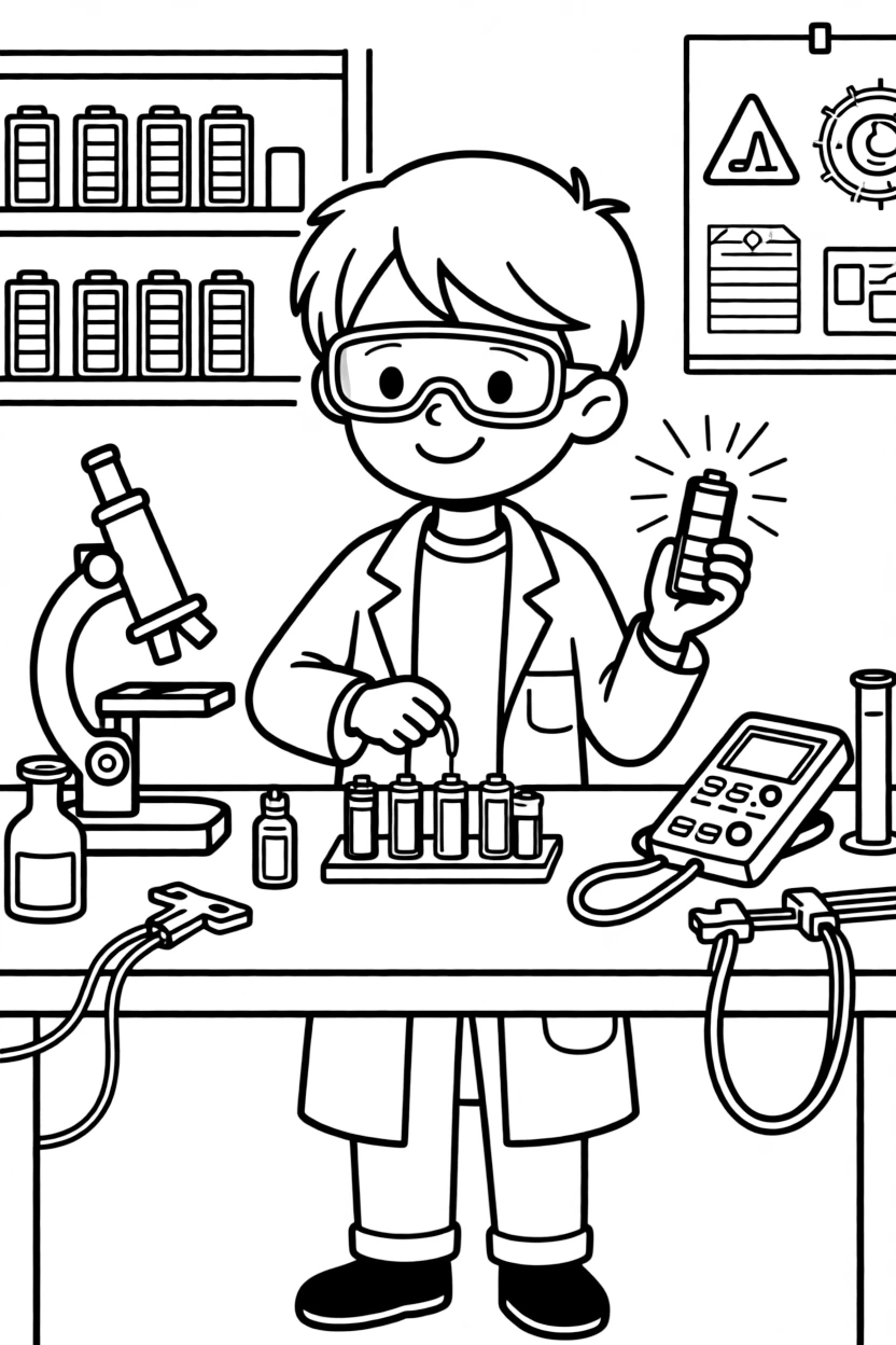 A battery scientist tests glowing battery cells on a laboratory bench.