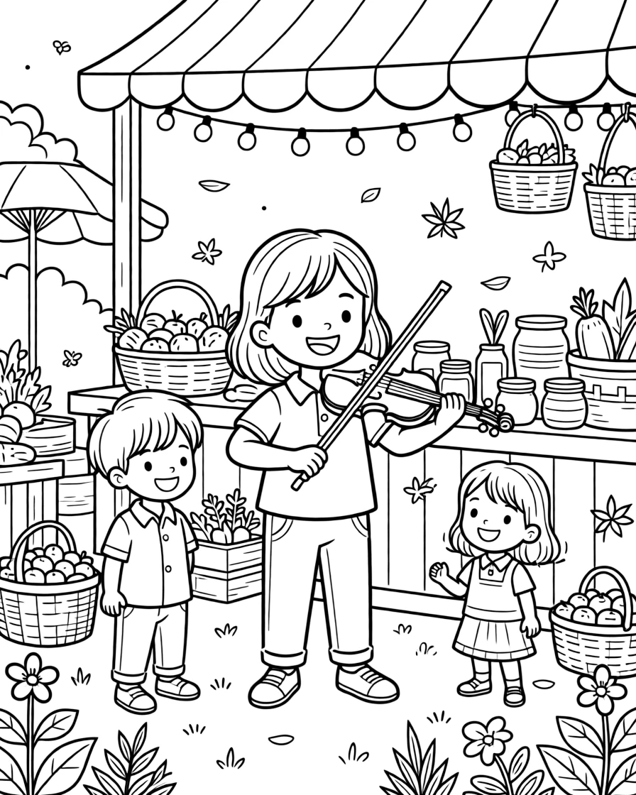 A little girl playing the violin with cousins at a farmers market stall with fireflies glowing at dusk.