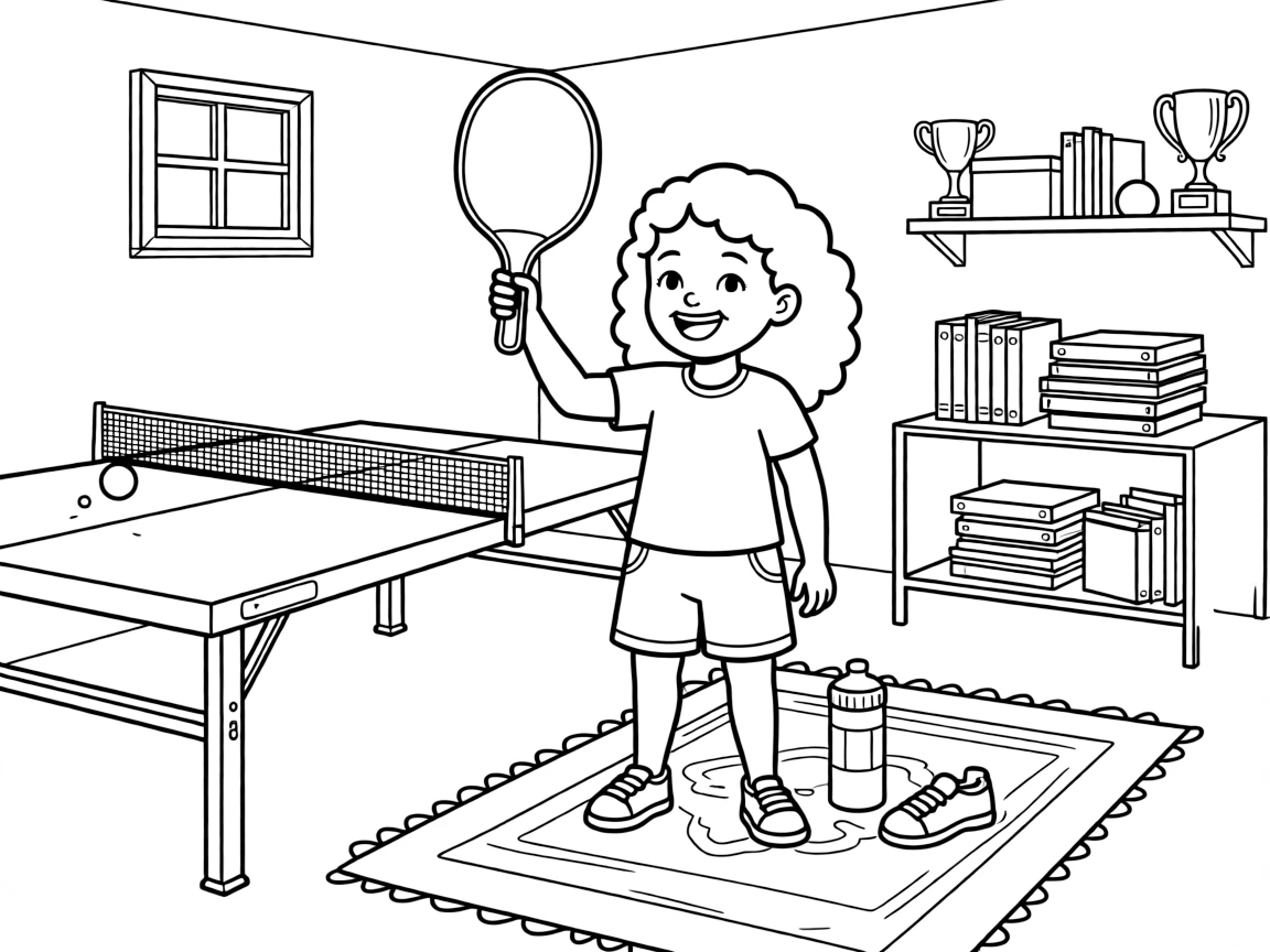 A little girl with curly hair, holding up the paddle proudly after winning a friendly basement tournament.