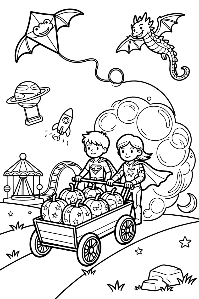 Twin superhero siblings Cinder (super-strong) and Byte (ice-powered) steering a runaway wagon of space pumpkins down a hill near a floating amusement park with rides shaped like planets, surrounded by a cluster of soap-bubble-like energy shields and a kite shaped like a friendly dragon flying overhead.