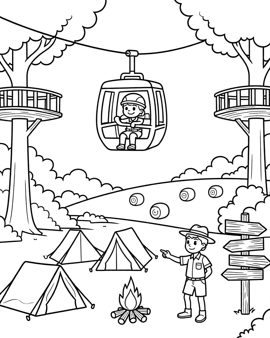 A coloring page featuring a zipline trolley soaring between two treetop platforms, traveling through a cozy campground with tents and a crackling campfire, with a park ranger pointing out something in the distance and an old wooden signpost pointing to faraway towns and hay bales dotted across the nearby field filling the scene.