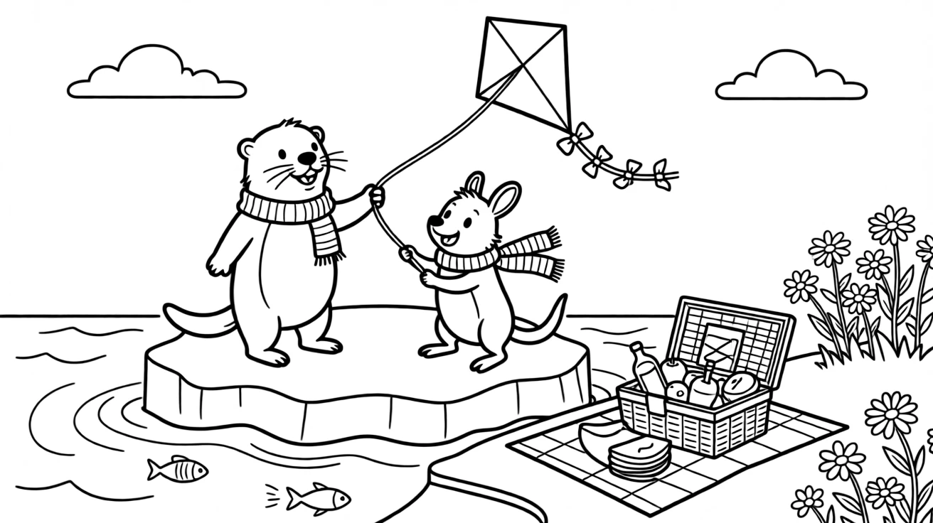 A otter on an iceberg in the arctic sea, flying a kite with a bilby, next to a bed of daisies, with a picnic basket full of treats nearby.