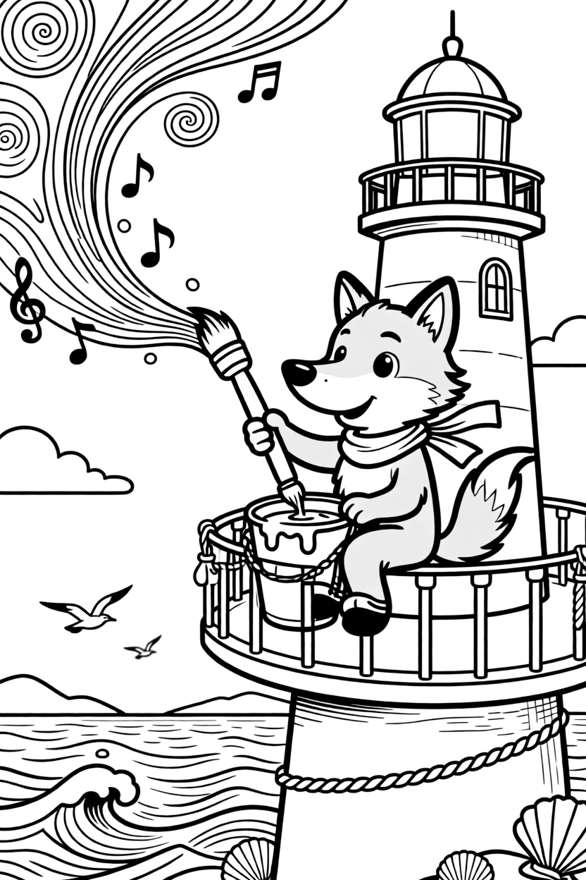 A jolly wolf pup musician takes a break from adventures to try painting the sky with a giant paintbrush on a lighthouse balcony overlooking a stormy sea, with musical notes floating playfully in the air close behind. A gentle breeze carries the sound of joyful laughter.