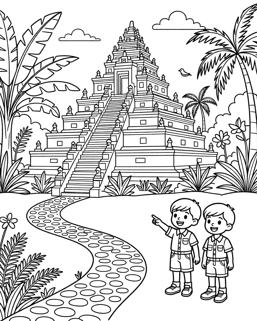 A coloring page set in Indonesia, showing the stepped stone terraces of an ancient temple surrounded by jungle, with a winding path leading toward it and a couple of curious children pointing excitedly.