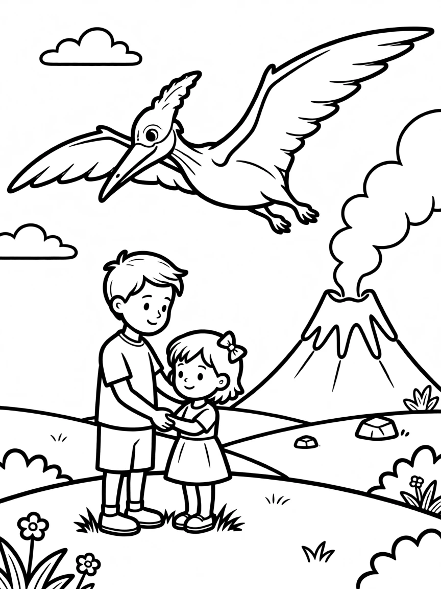 a gentle older brother and his little sister watches a pterodactyl soar overhead near a smoking volcano.