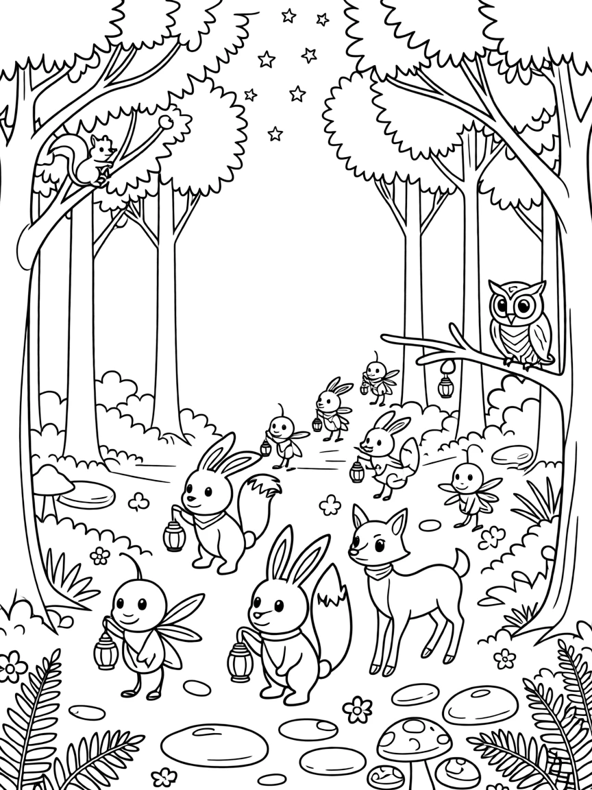 A parade of lantern-carrying fireflies leads a group of woodland creatures to a secret midnight festival in a forest clearing.