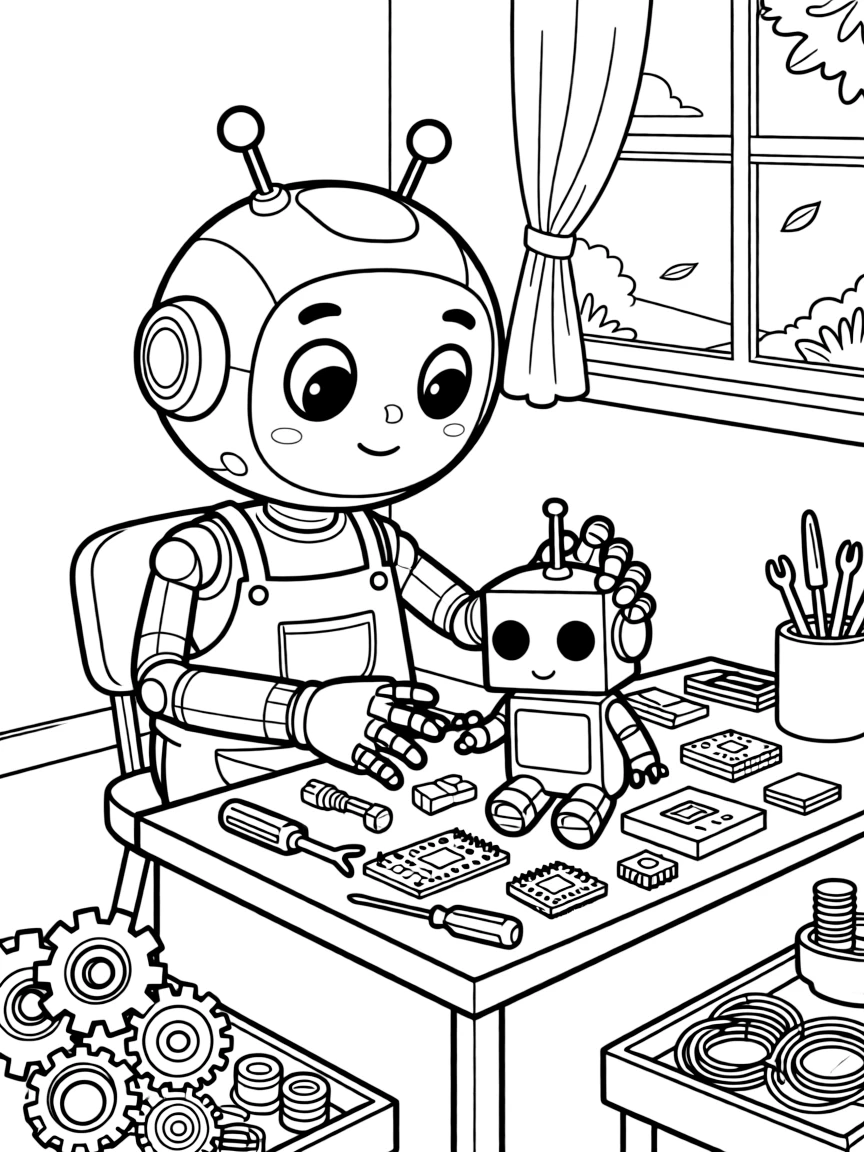 [Robots] a robot with clawed hands building a small robot friend in a laboratory filled with gadgets. In the background, tools and spare parts are scattered nearby, adding extra fun to explore. Antennae stick up from the top of its head. It all happens during a bright summer day, with a light breeze blowing.
