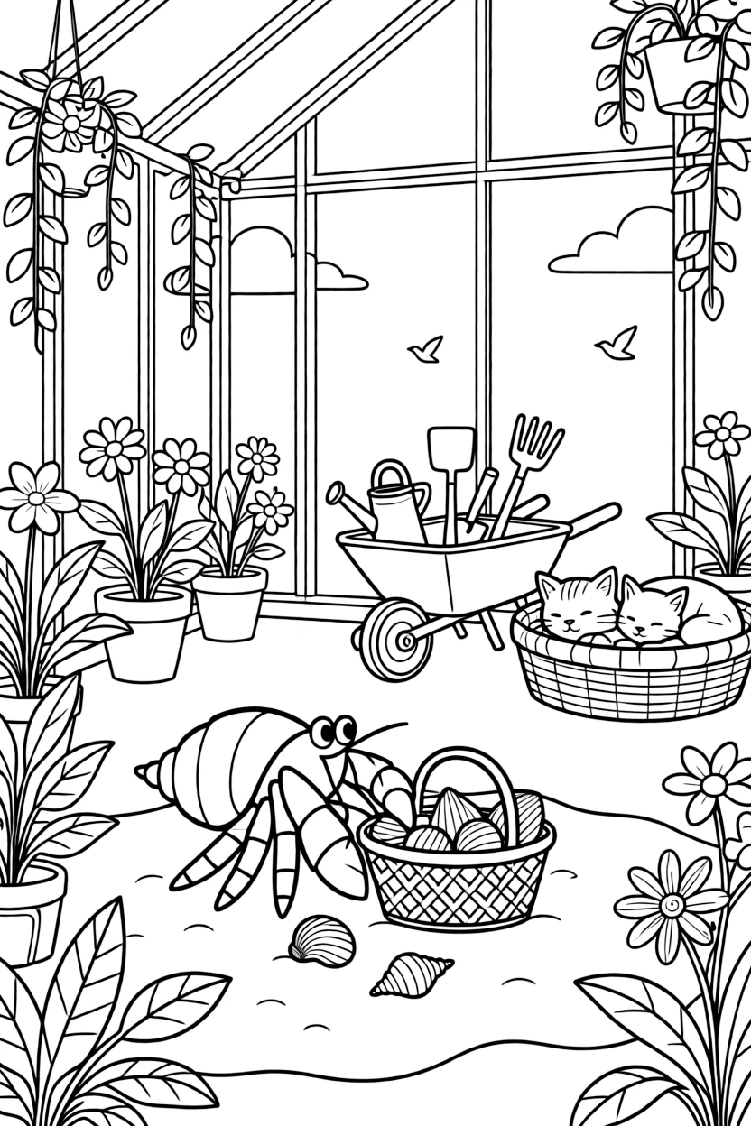 A hermit crab exploring the sand is gathering seashells into a woven basket inside a greenhouse overflowing with blooming plants. In the background, a wheelbarrow filled with garden tools and a basket of sleepy kittens curled together make the setting feel extra special.