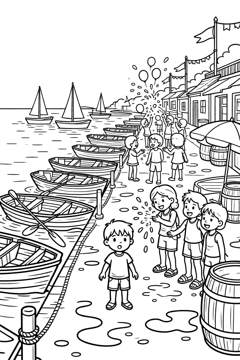 A wide view on a dock where small boats are being launched for the festival, featuring a street full of joyful water fights, a shy toddler taking it all in, and a water balloon mid-air, with a group of friends laughing and splashing nearby.