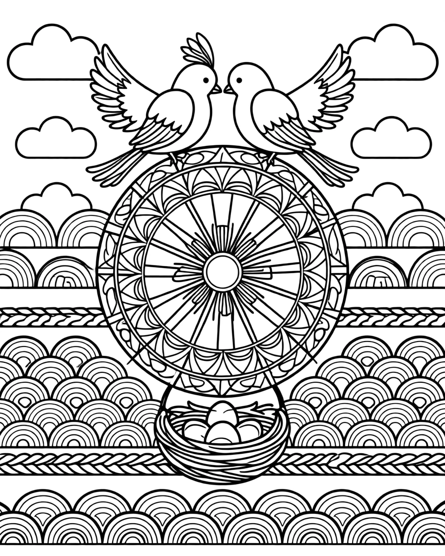 Birds: The page presents a small themed scene built around a pair of lovebirds perched beak to beak, tied together by a wheel-spoke mandala radiating from a round hub. The scene is arranged in a mirrored scene, with matching elements balanced on the left and right halves of the page. Decorative details fill the surrounding space, including rounded puffy cloud shapes, rows of scalloped fan shapes, and bands of braided rope shapes woven throughout the background. A playful extra touch completes the page: a tiny nest holding three small eggs tucked into the pattern.