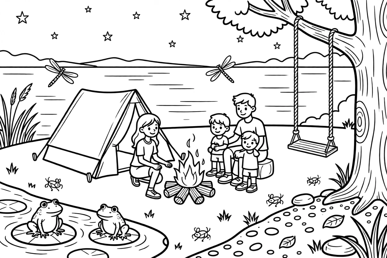 [Lakeside] A family camps beside a lake, their little tent pitched near a crackling campfire. Dragonflies skim across the surface while frogs sit on lily pads near the shoreline. A rope swing hangs from a tall tree overlooking a sandy patch of the lakeshore. Stars begin to reflect on the water as crickets chirp softly around the campsite.