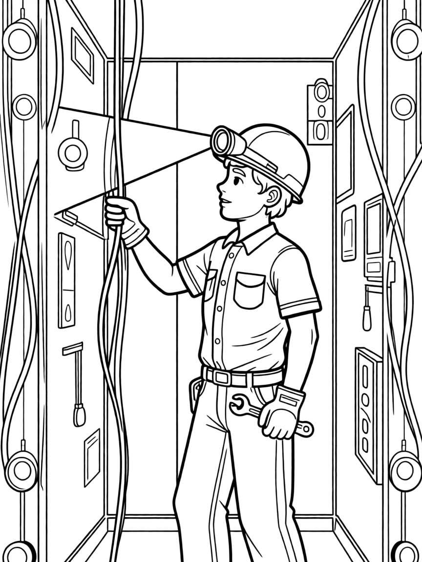 An elevator technician repairs cables inside an elevator shaft using tools and a flashlight.