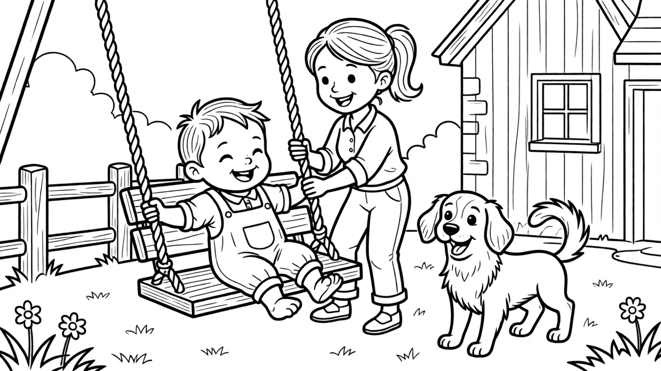 A crawling baby sitting in a swing being pushed gently with an aunt at grandparents' farmhouse while a friendly dog wags its tail.