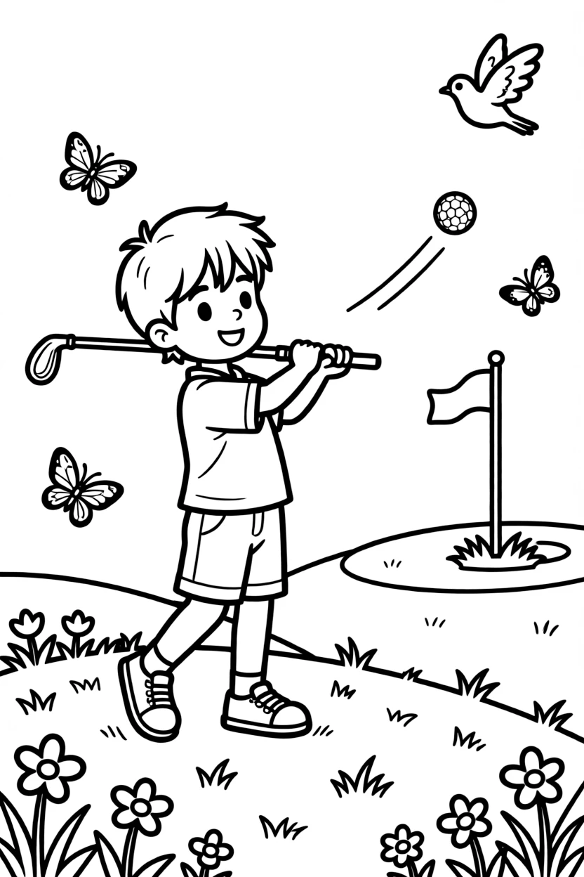 A cheerful young boy, swinging a golf club to send the ball soaring toward a distant flag.