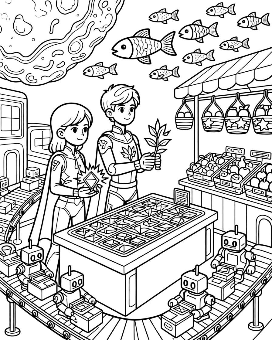 Twin superhero siblings Wren (electric) and Orion (plant-controlling) sorting colorful gems mined from an asteroid belt in a bustling robot city with conveyor-belt streets, as a busy market stall selling glowing fruit and a school of glowing space fish swimming through the air fill the scene.
