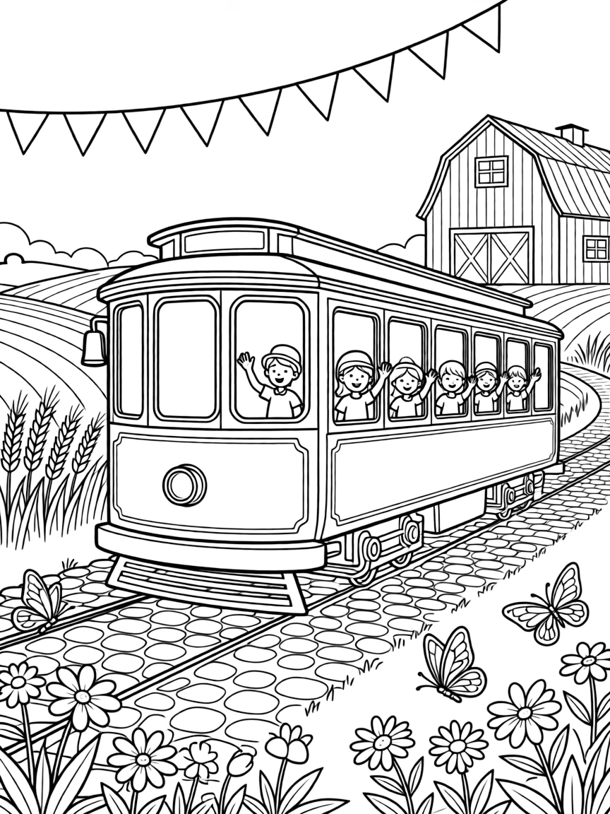 This page centers on an old-fashioned trolley car clanging its bell down cobblestones exploring a sunny farm with a red barn and rolling wheat fields, featuring a group of cheerful kids waving from the windows and little extras like a string of triangle pennant flags overhead and butterflies fluttering near a patch of wildflowers.