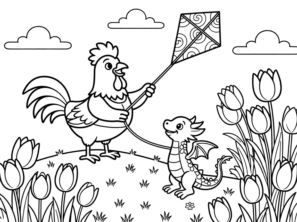 A rooster on a farm at sunrise, flying a kite with a baby dragon, next to a bed of tulips.