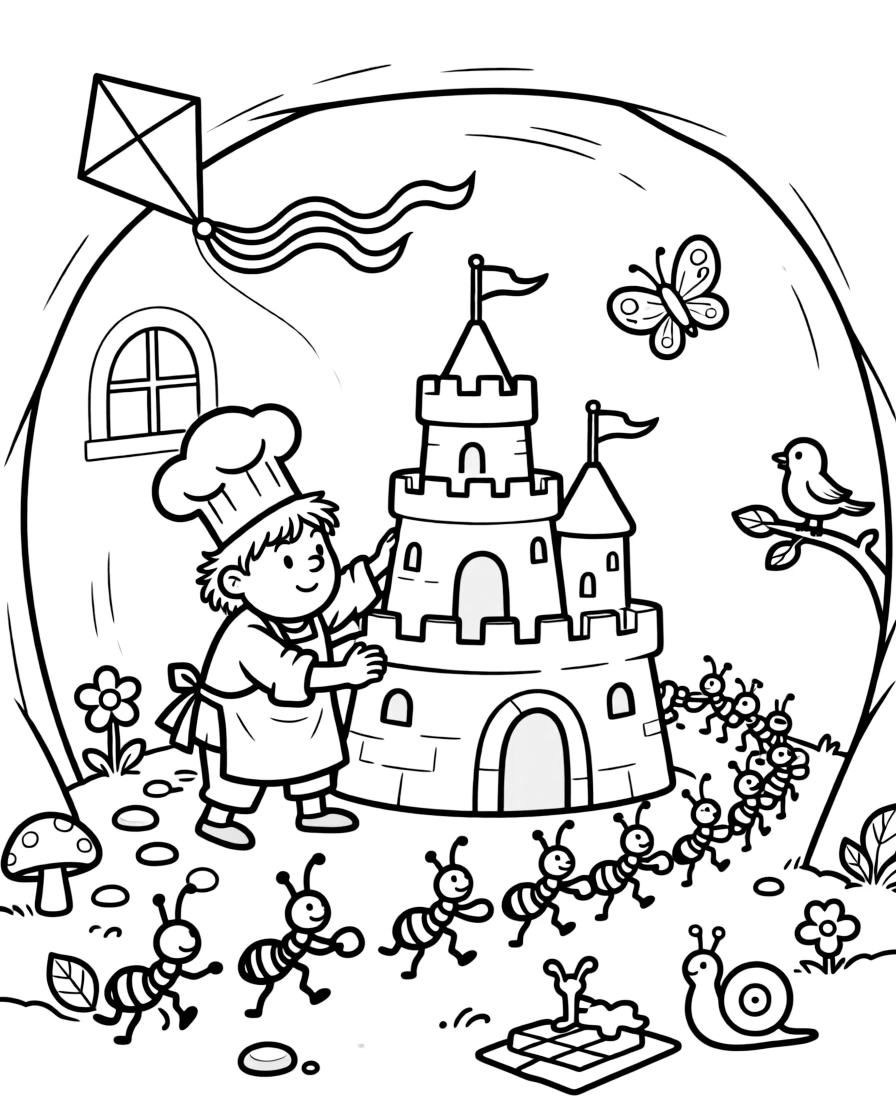 In a cozy burrow decorated with fairy lights, a pint-sized ogre chef is busy building an enormous sandcastle fortress, cheered on by a kite tail fluttering with colorful ribbons and a line of ants carrying a picnic crumb. Every creature nearby wants to join in the fun.