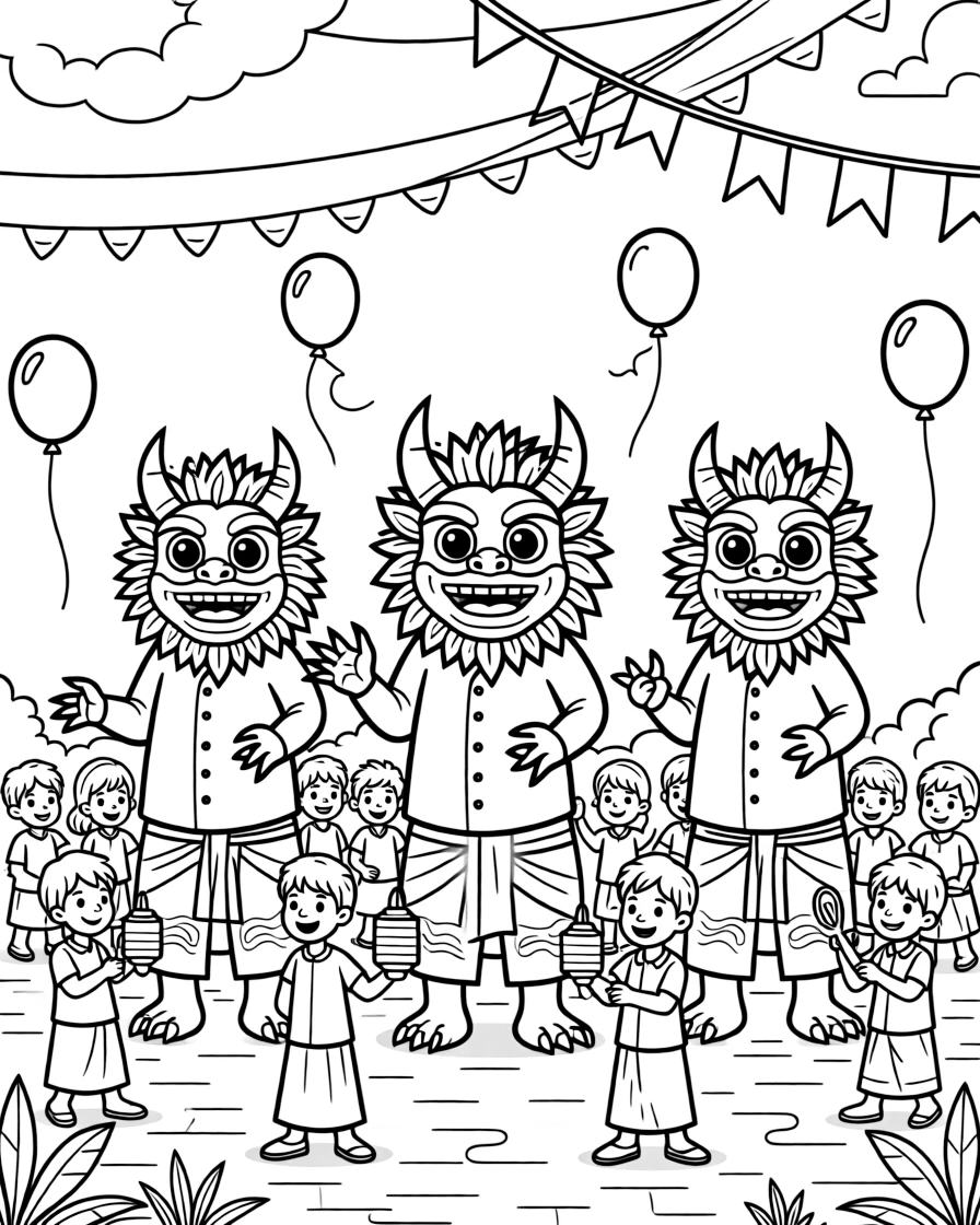 A coloring page bursting with festival energy from Indonesia, depicting the Nyepi Day of Silence with giant colorful ogoh-ogoh monster statues paraded before nightfall, with balloons, streamers, and happy onlookers filling the scene.