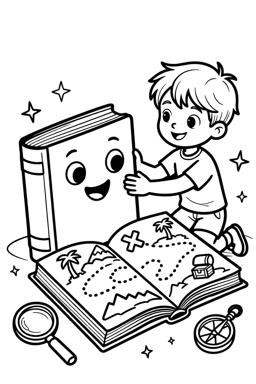 a cheerful little boy helps a talking book flip its own pages to reveal a hidden treasure map.