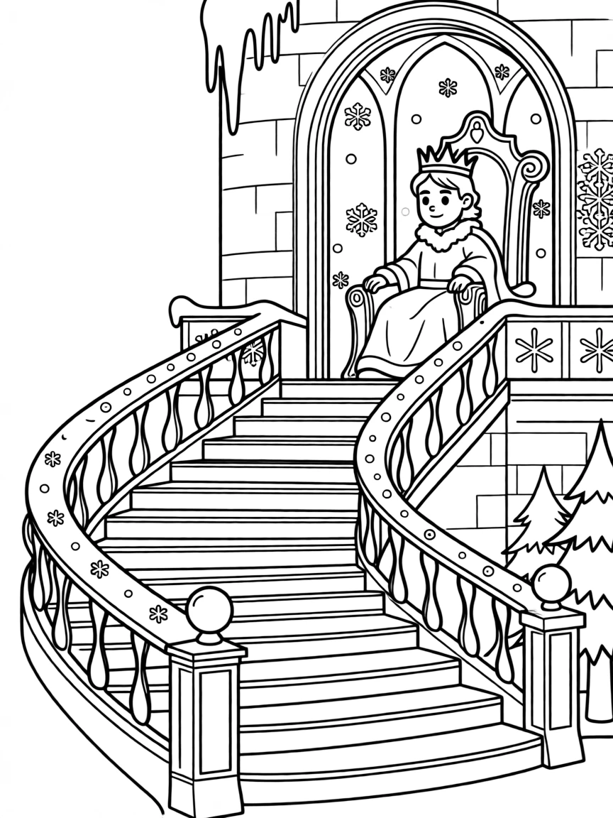 A grand ice castle's frozen waterfall staircase leads up to a throne room where a kind winter king watches snowflakes fall.