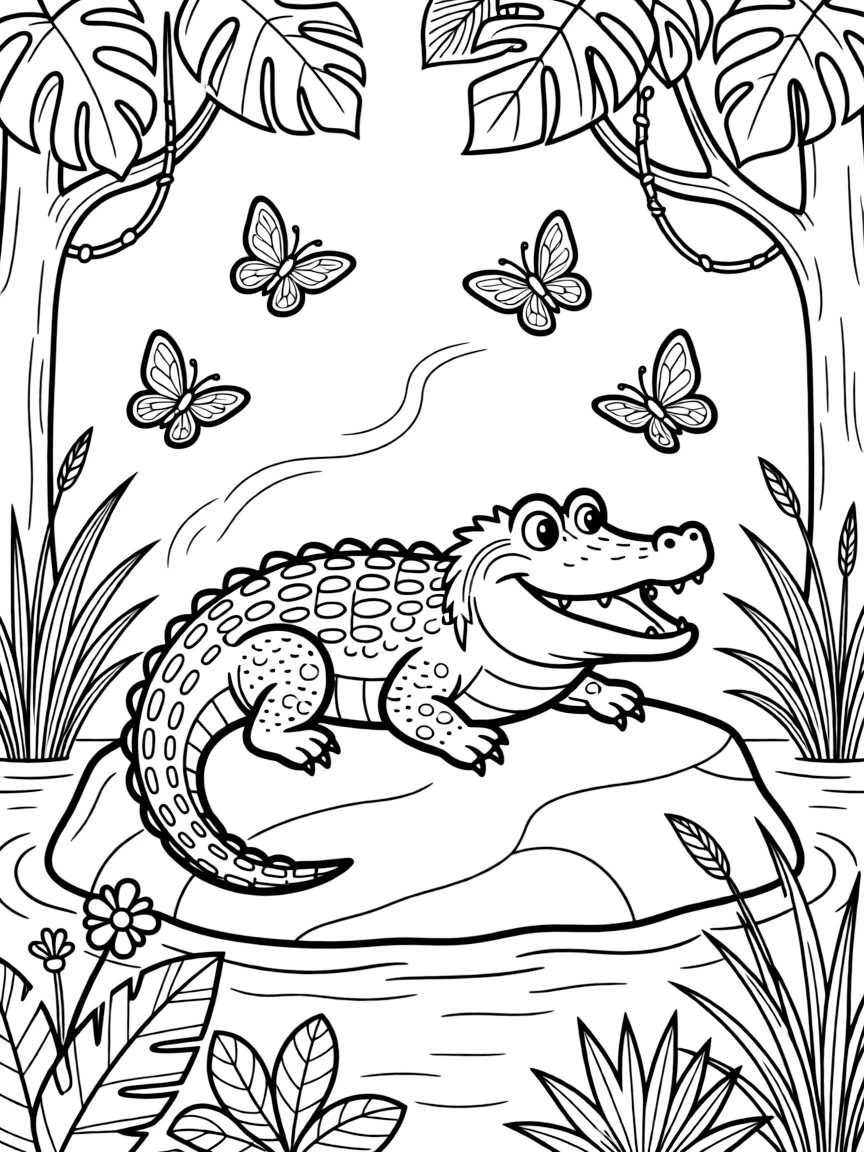 [Reptiles] A dynamic scene shows an alligator resting by a swamp sunning itself on a warm rock among leafy jungle plants, laughing joyfully. Close by, butterflies flutter through the warm air. Textured scales add fun detail to color. The moment unfolds at sunset, with a light breeze blowing, filled with energetic detail perfect for a young colorist.