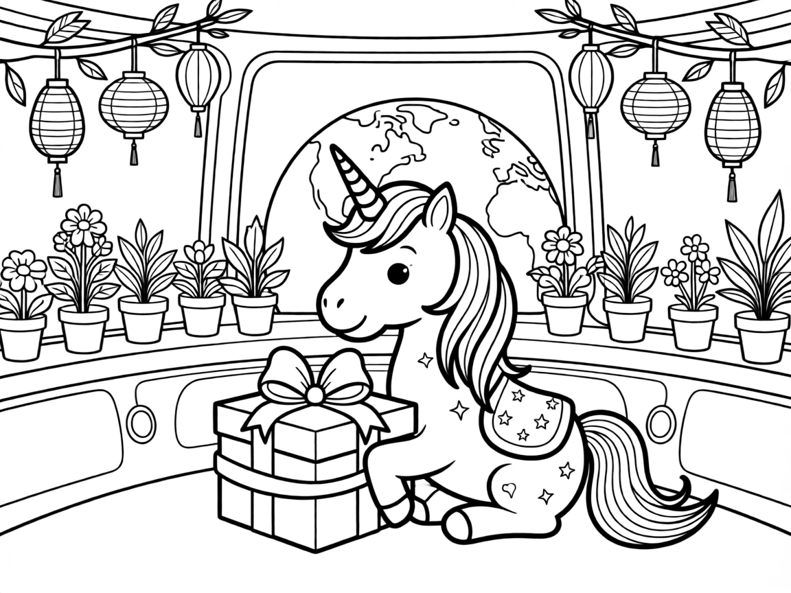 A sparkly unicorn with a rainbow mane is wrapping a present with ribbon and a big bow inside a space station with a view of Earth. All around, a row of potted plants along a windowsill and paper lanterns hanging from low branches bring the scene to life.