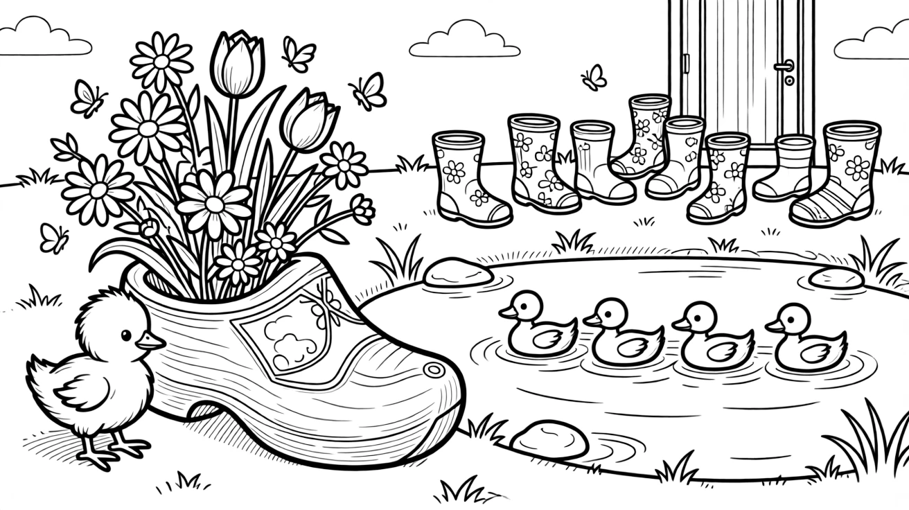 A tiny chick sitting beside a wooden clog filled with cheerful blossoms by a pond where ducklings paddle in a row, with a fuzzy baby chick and a row of rain boots by the door scattered about.