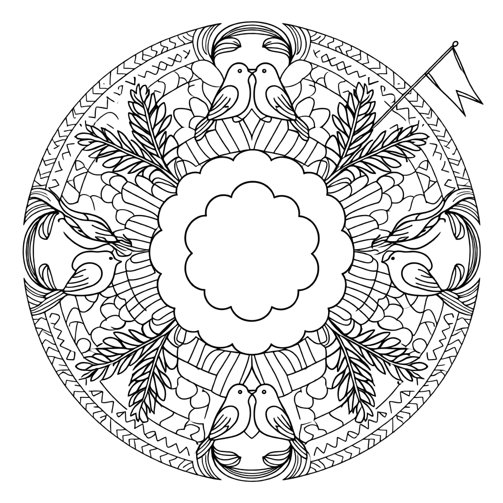 Birds: The design turns a pair of lovebirds perched beak to beak into a kaleidoscope-style composition anchored by a cloud-ring mandala made of puffy overlapping curves. The imagery is reflected six times around a central point, so each wedge of the page mirrors the one beside it. Decorative details fill the surrounding space, including curling fern-frond shapes, ribbons folded into gentle zigzags, and rows of arrow-shaped chevrons woven throughout the background. A playful extra touch completes the page: a small flag on a stick poking out from one side of the pattern.