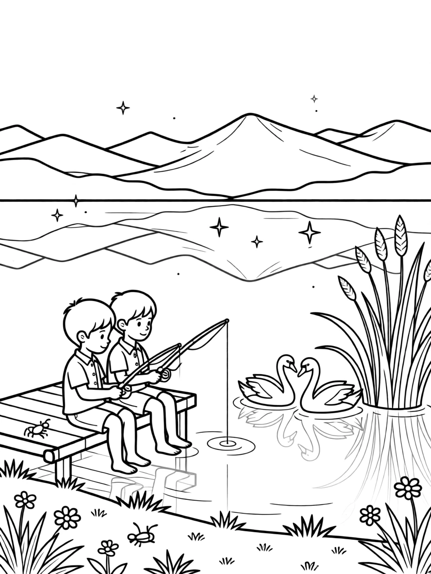 [Lakeside] Two children fish from a small wooden dock, their toes dangling just above the water. A pair of swans glides gracefully past a cluster of reeds near the shore. Mountains rise beyond the far shore, their peaks mirrored perfectly in the calm lake. Stars begin to reflect on the water as crickets chirp softly around the campsite.