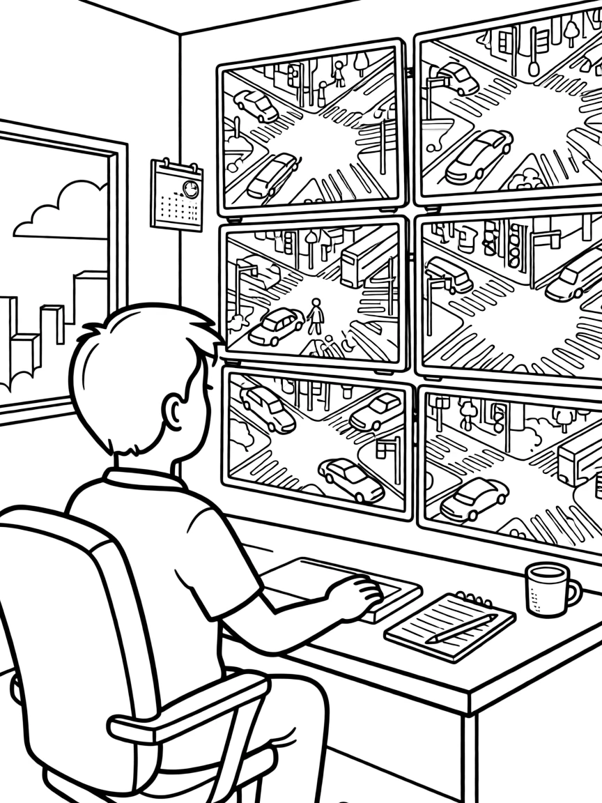 A traffic engineer studies a busy intersection from a control room full of screens.
