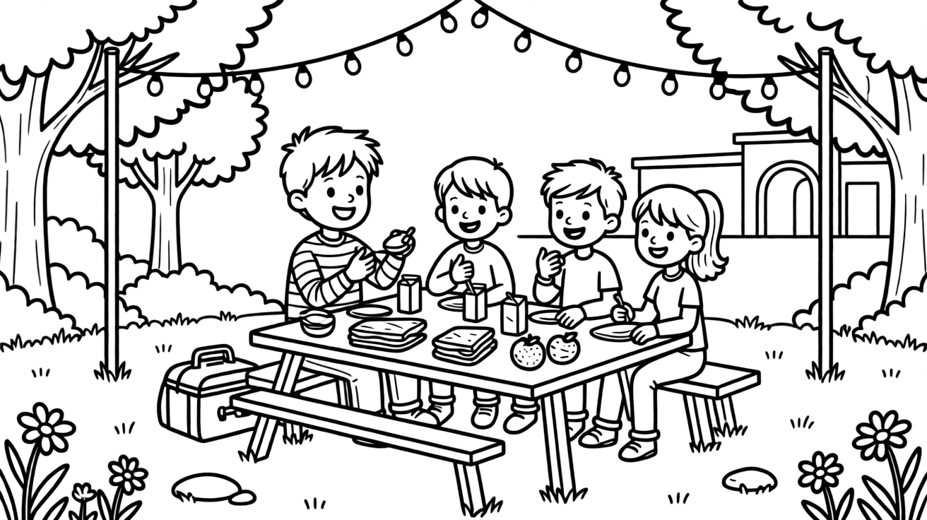 A boy in a striped shirt eating lunch with friends at a museum field trip with string lights twinkling overhead.