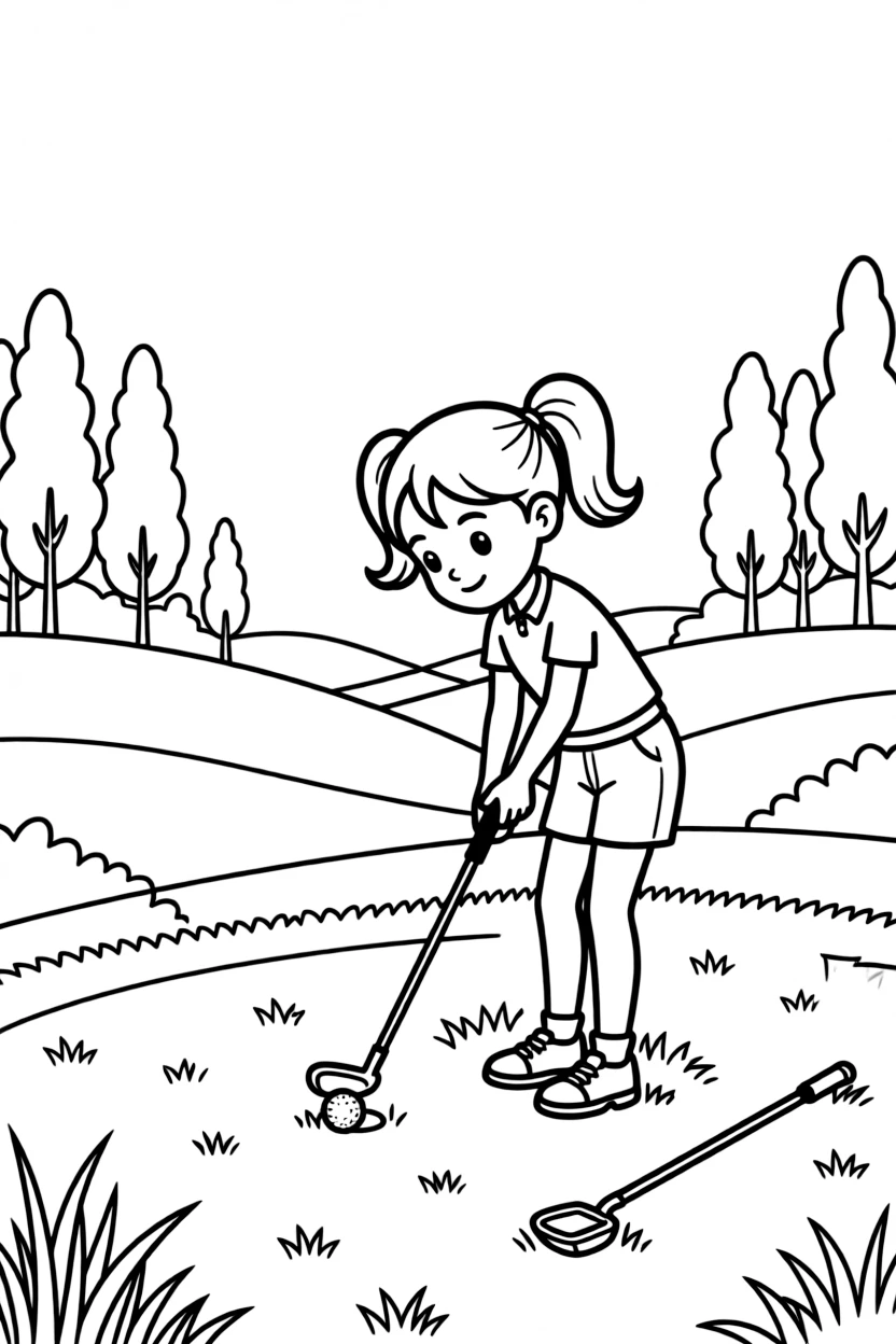 A determined girl with pigtails, lining up a putt on a green surrounded by rolling hills and tall trees.