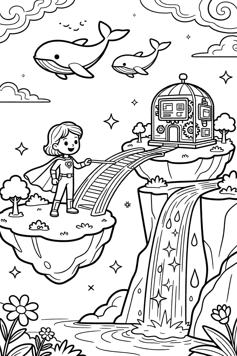 Doctor Ruby, a brave color-changing superhero kid building a bridge of light between two floating islands near a robot school with classrooms full of gears and screens, surrounded by a waterfall of sparkling light cascading down a cliff and a family of gentle space whales swimming through the clouds.