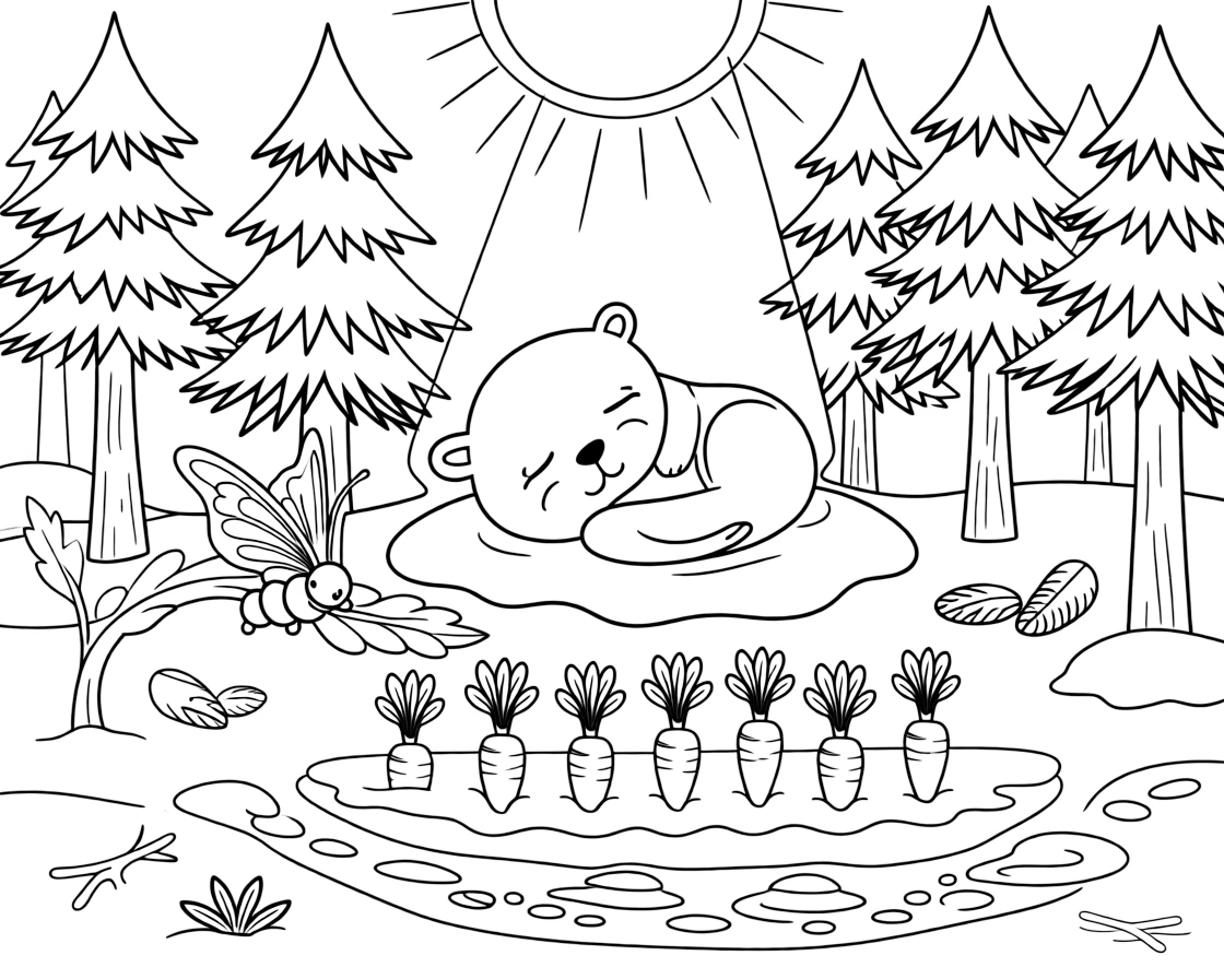 A otter napping in a sunbeam next to a caterpillar turning into a butterfly in a snowy pine forest, near a row of carrots, with a trail of tiny footprints in the mud.