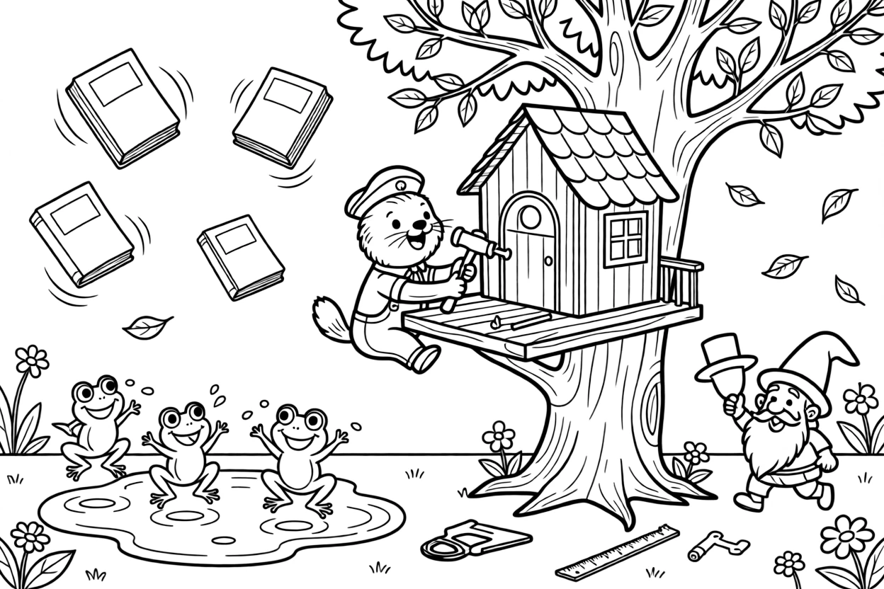 In a magical library where the books float and flutter, a tiny sea otter sailor is busy building a treehouse with hammer and nails, cheered on by a puddle full of jumping frogs and a garden gnome tipping his pointy hat. Everyone is laughing and having the best time.
