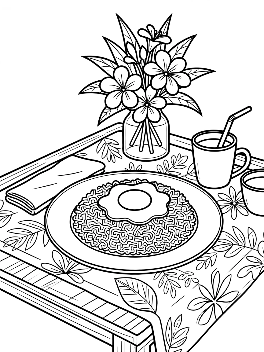 A coloring page of a cozy mealtime scene from Indonesia featuring a plate of nasi goreng fried rice topped with a fried egg, arranged on a table with napkins, cups, and a cheerful centerpiece.