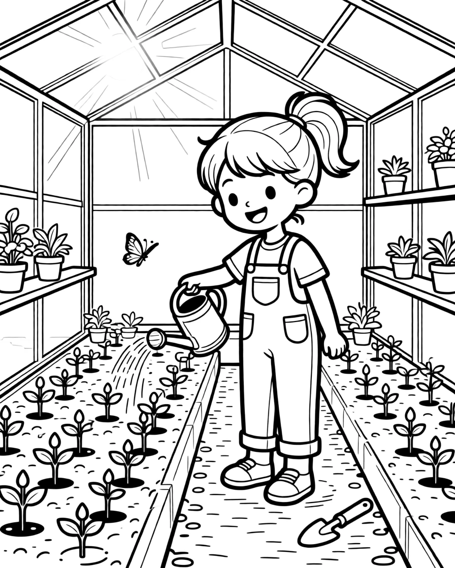 a mischievous little girl waters seedlings in neat rows inside a sunny greenhouse.