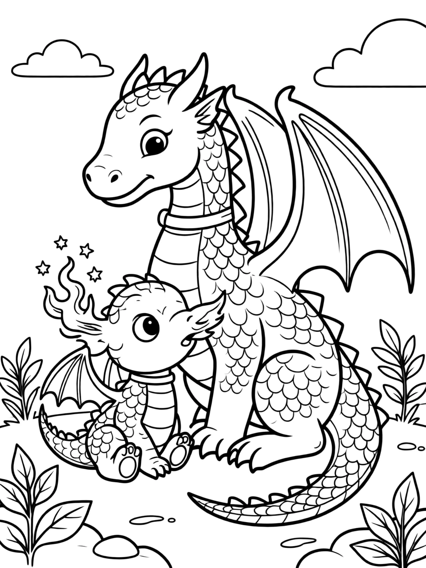 A tiny dragon hatchling hiccups sparks instead of fire, startling itself each time and hiding under its mother's wing.