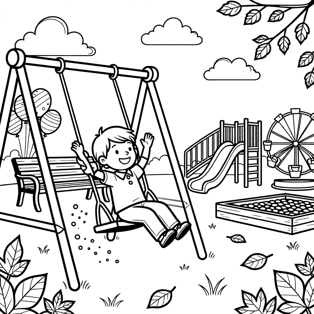 [Playgrounds] a child swinging high on a swing set swinging up toward the clouds in a sunny park. In the background, balloons are tied to a nearby bench, adding extra fun to explore. Bright playground equipment fills the background. It all happens on a crisp autumn afternoon, with dust kicked up by the wind.