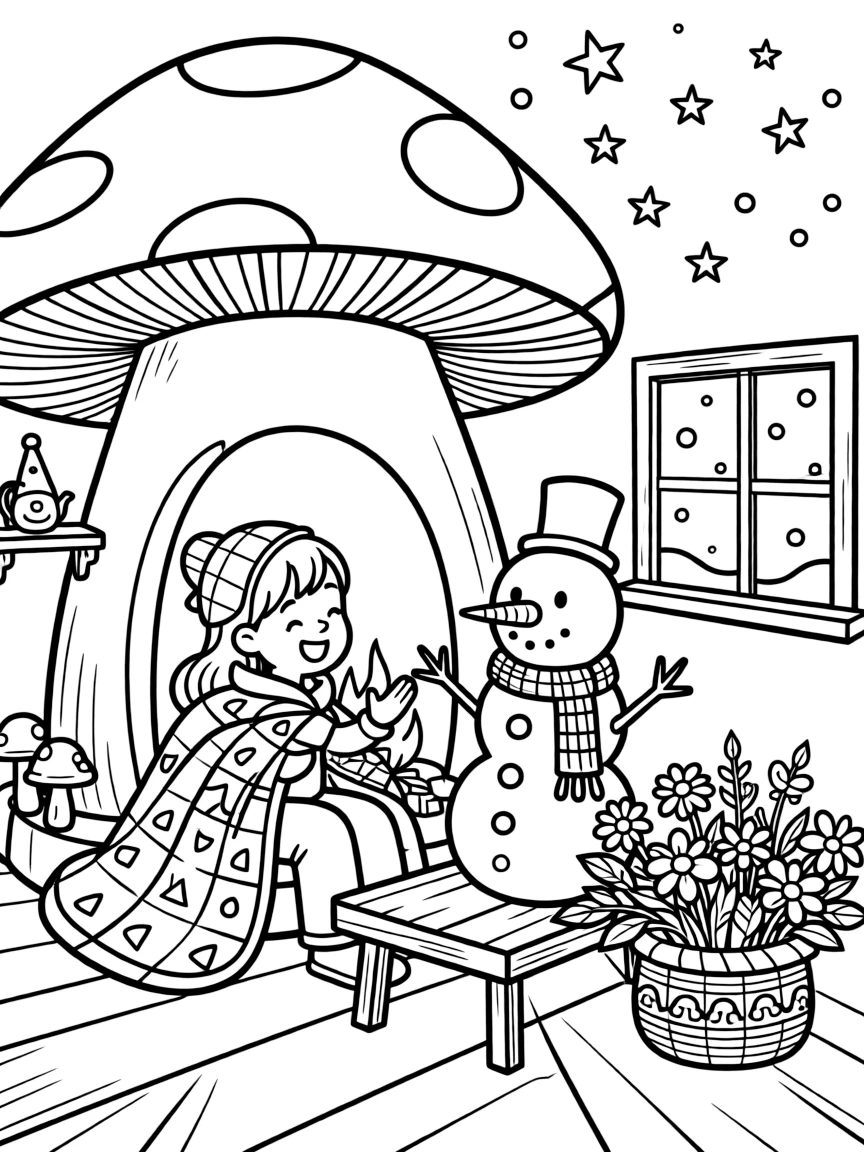 A girl wrapped in a quilt telling stories by firelight is building a snowman complete with a carrot nose inside a gnome's cozy mushroom-shaped cottage. Close by, a basket brimming with fresh flowers and sparkling stars scattered across the sky make the scene feel magical.