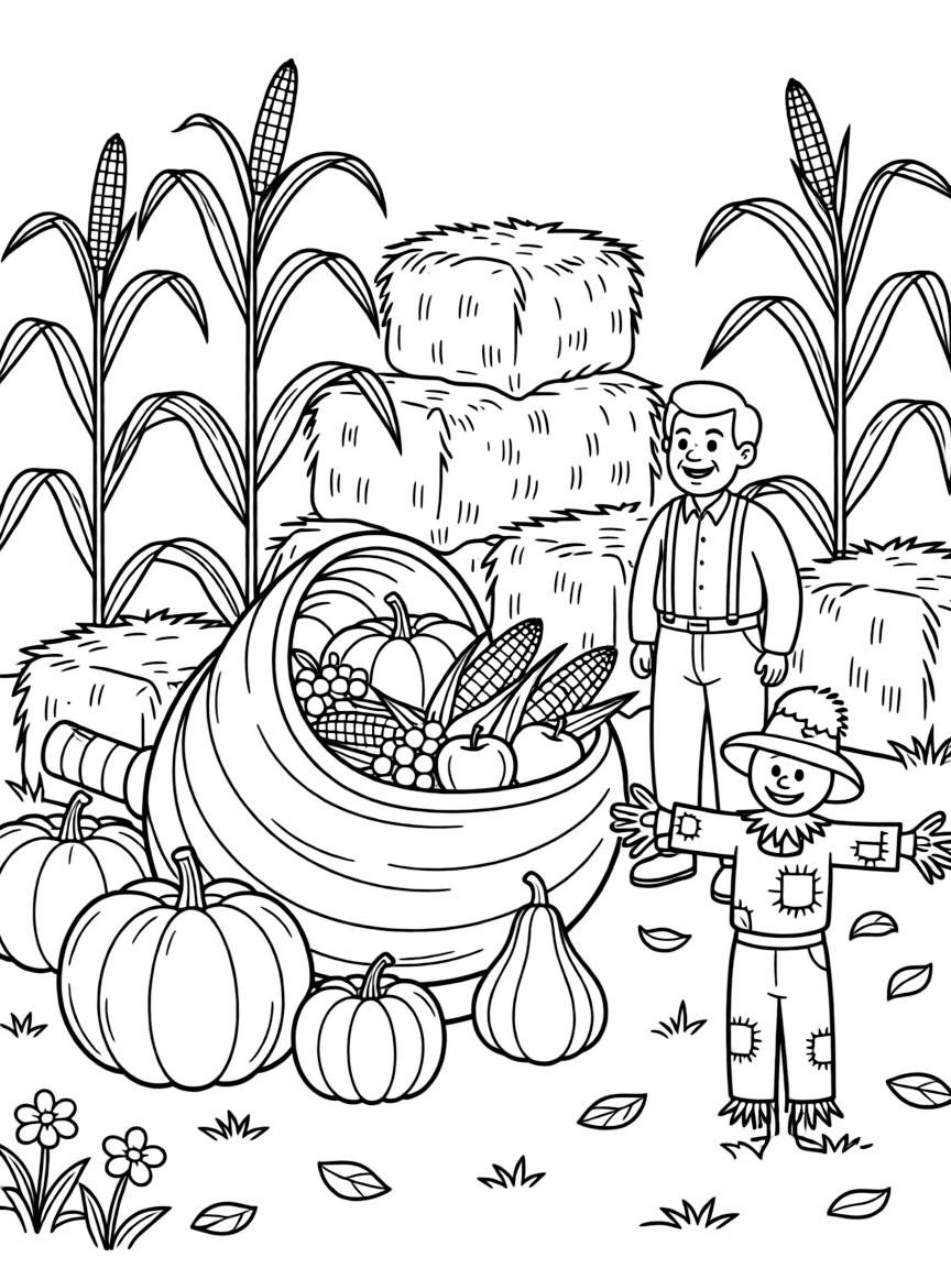 A cornucopia overflowing with harvest treats at a rustic harvest fair with hay bales and corn stalks, while a proud grandfather looks on nearby, a cornucopia spilling over with vegetables and a scarecrow with a patched hat completing the scene.
