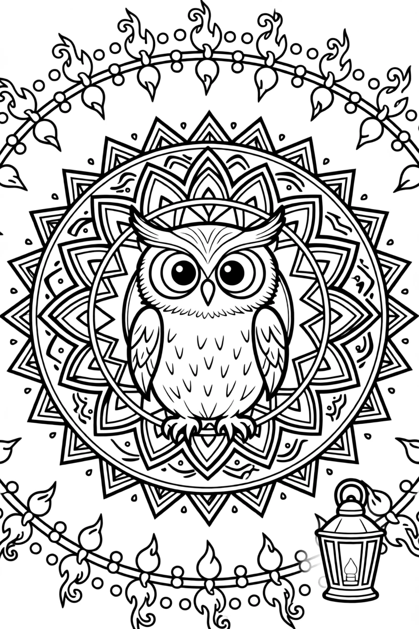 Birds: The main subject is an owl with large round eyes and feathered ear tufts, drawn as the focal point of an arched dome mandala built from layered nested arches. It is placed dead center, with the surrounding rings mirrored perfectly across every direction. Decorative details fill the surrounding space, including a trail of evenly spaced dots, flame-shaped tips curling upward, and nested triangle shapes woven throughout the background. A playful extra touch completes the page: a little lantern glowing softly in one corner of the pattern.
