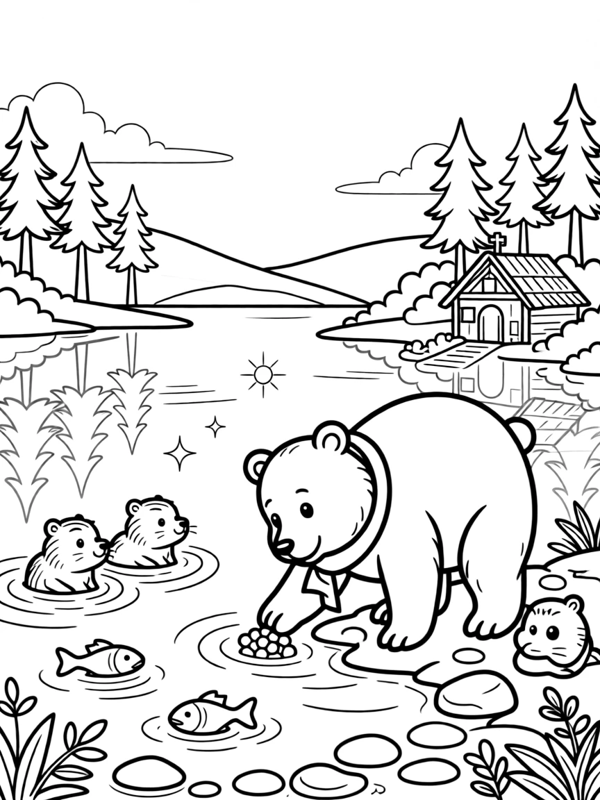 [Lakeside] A friendly bear wades into the shallows of a mountain lake, scooping up berries from the shore. A family of beavers swims toward their lodge as fish ripple the water nearby. Pine trees line the far shore, their reflections rippling across the still water. Warm afternoon sunlight sparkles across the lake beneath a clear blue sky.