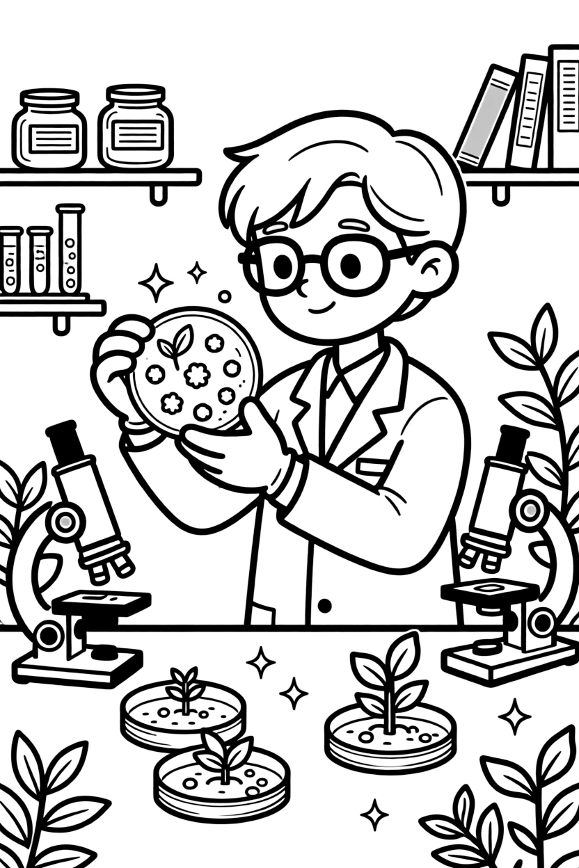 A biotech engineer grows tiny plant cells in glowing petri dishes.