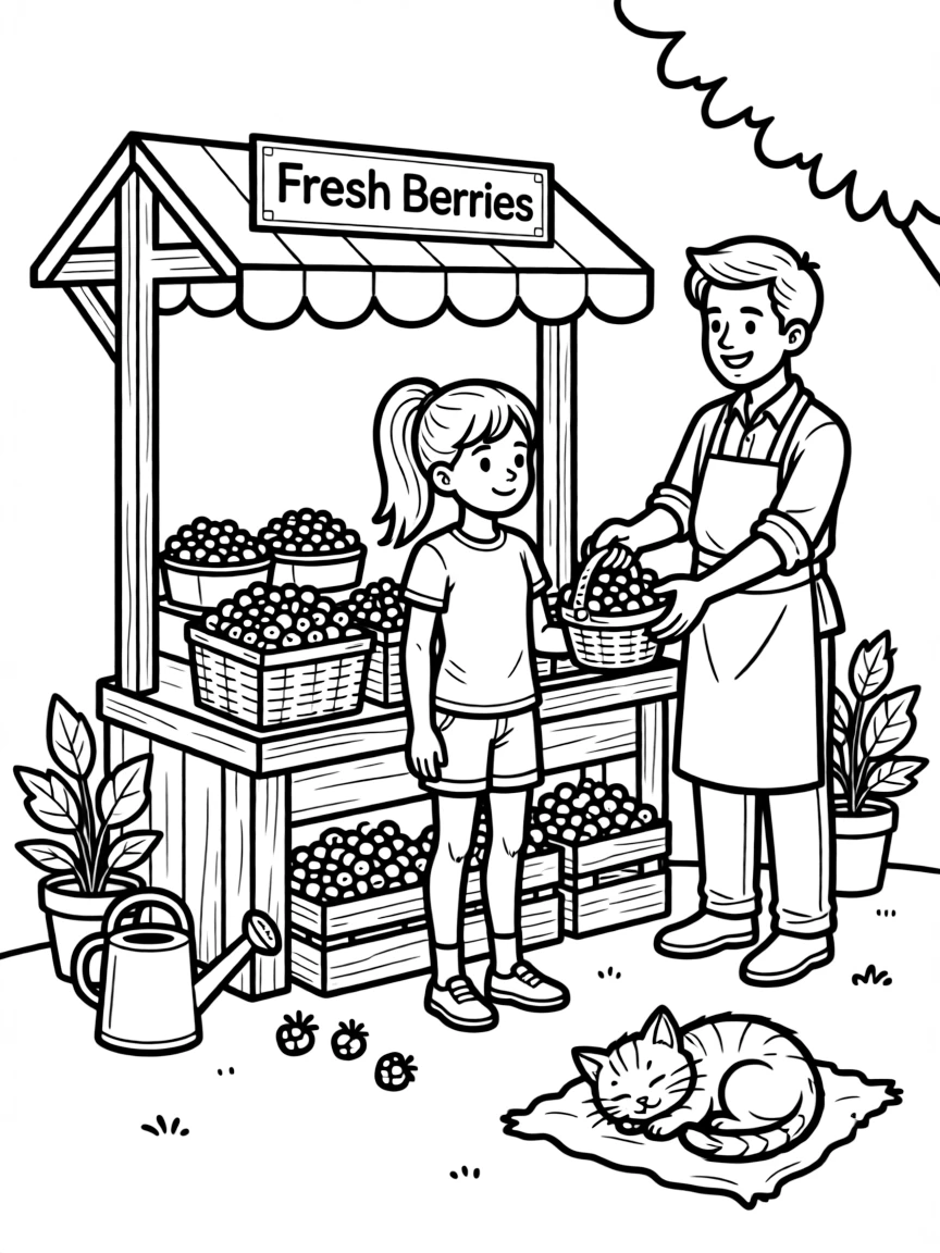A confident preteen girl picking berries from a stand run by a farmers market vendor while a kitten naps in a sunny spot.