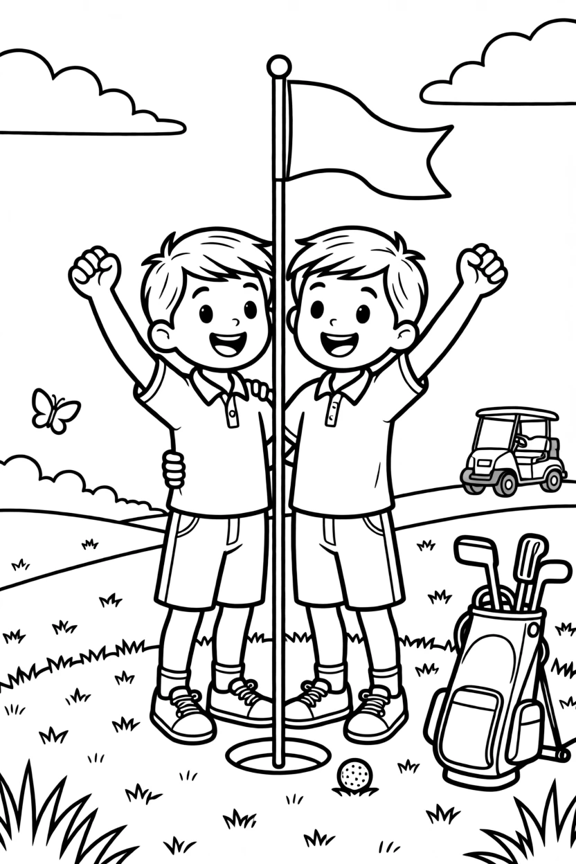 A pair of best friends, celebrating a hole-in-one by pumping a fist beside the flagstick.